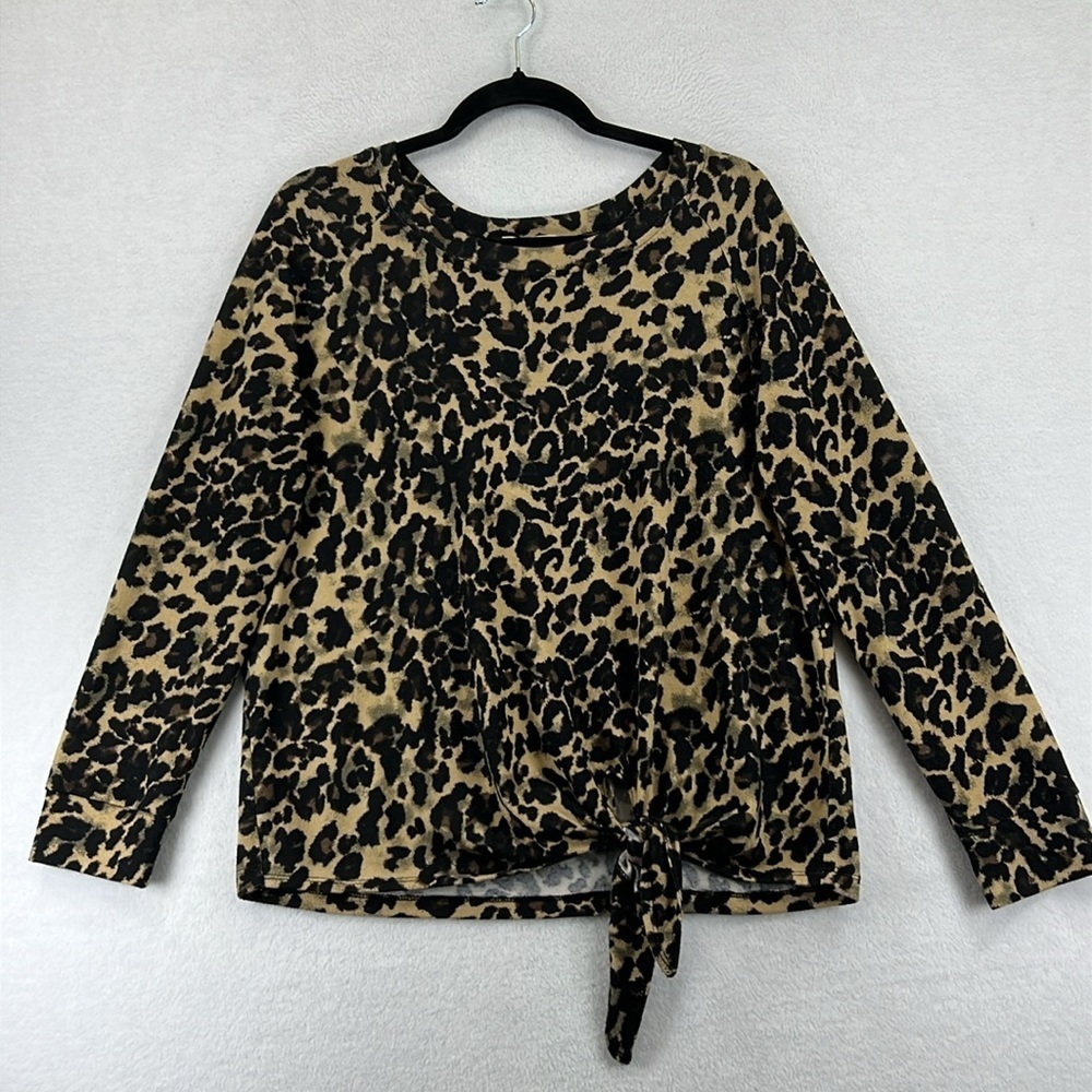 Nine Britton Pullover Top Size M Black/Tan Leopard Print Polyester & Spandex EUC